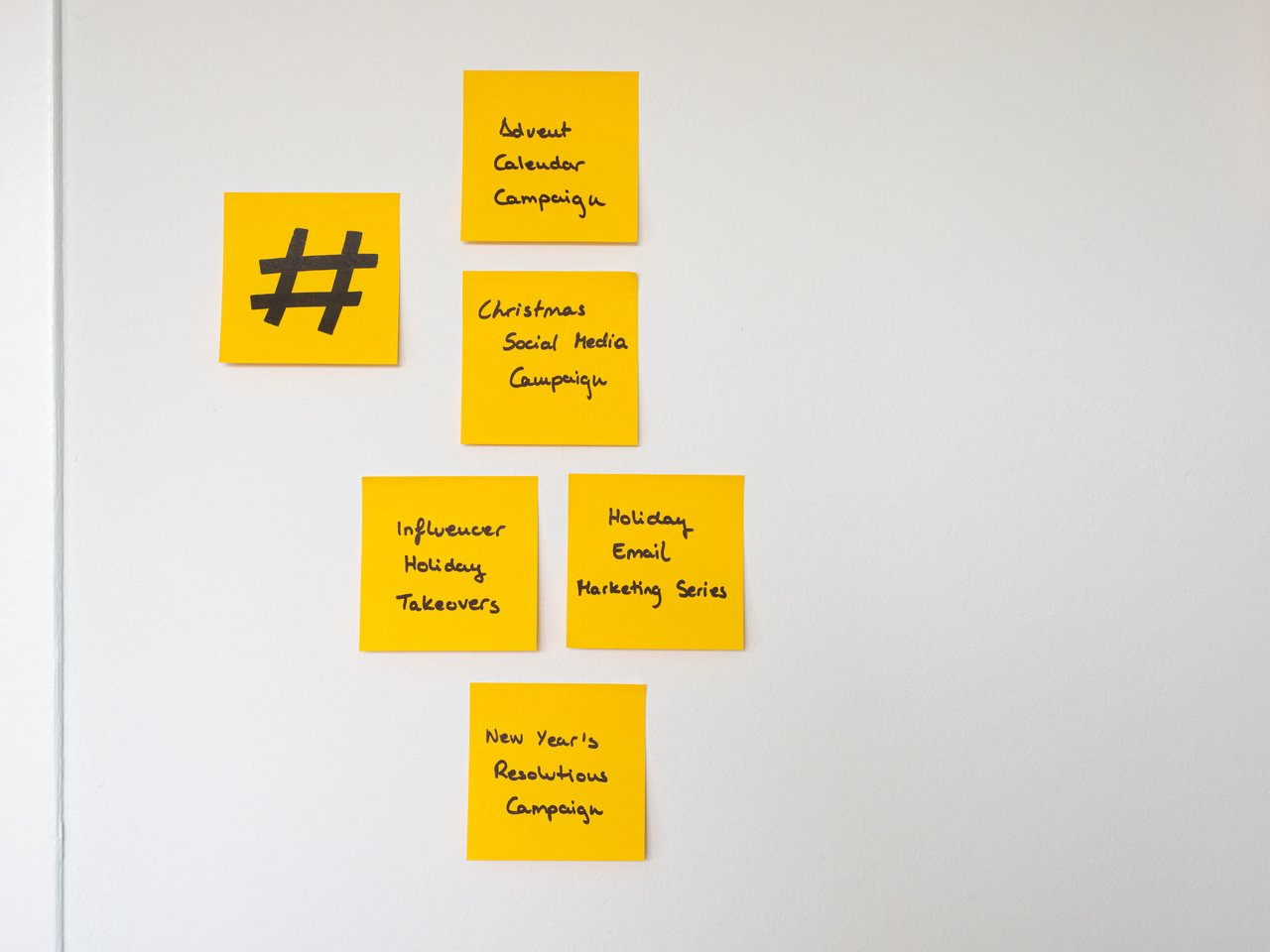 cta-bg Organized yellow sticky notes on a white wall for holiday marketing strategies.